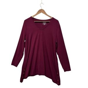 Chico's Womens Size L 2 V Neck Tunic Berry Long Sleeve‎ Tee The Ultimate Tee Red